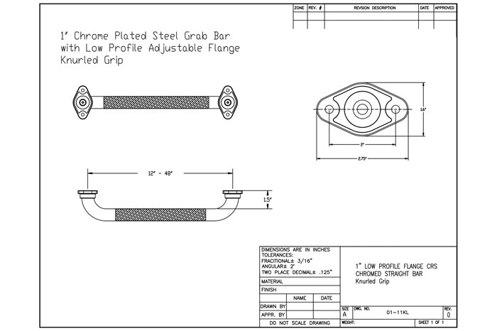 GBC 201 - 1" Diameter Chrome Low Profile, Knurled Grip Grab Bar