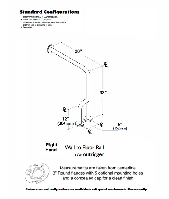 GBC 310 - 1.25" Diameter Right Hand 33" x 30" Wall to Floor W/ Outrigger