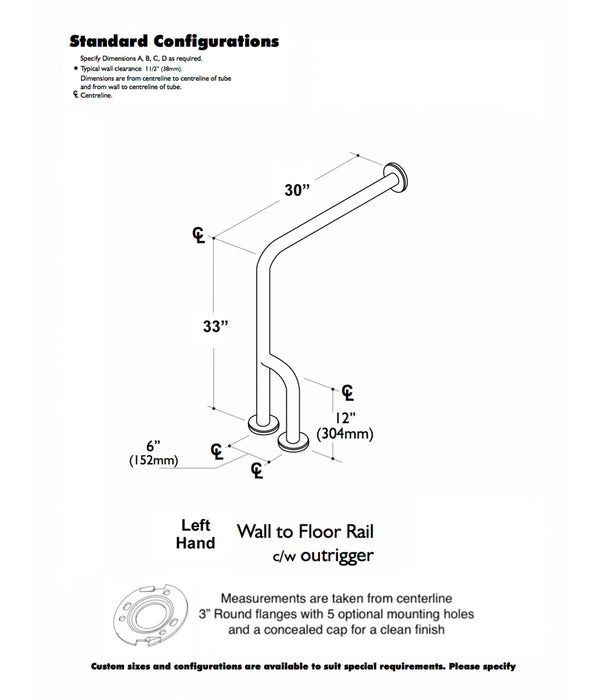 GBC 311 - 1.25" Diameter Left Hand 33" x 30" Wall to Floor W/ Outrigger