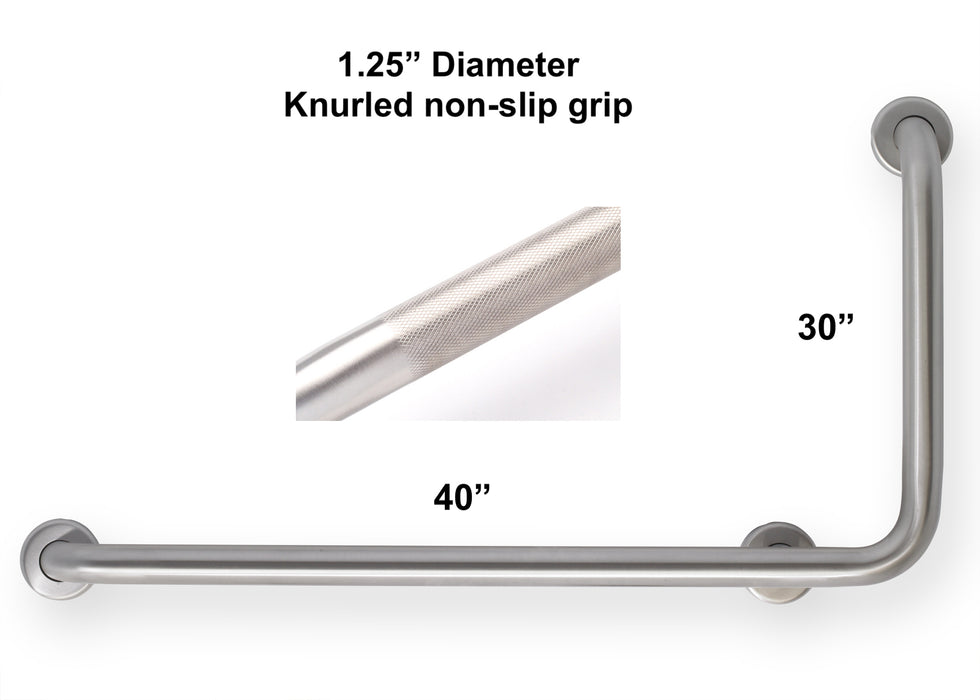 L-shape grab bar 40" x 30" for OBC and building code - with knurled grip
