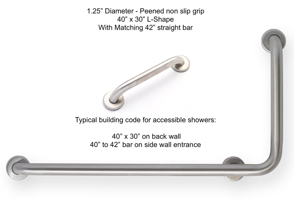 L-shape grab bar 40" x 30" for OBC and building code - with peened grip and a matching 42" straight grab bar