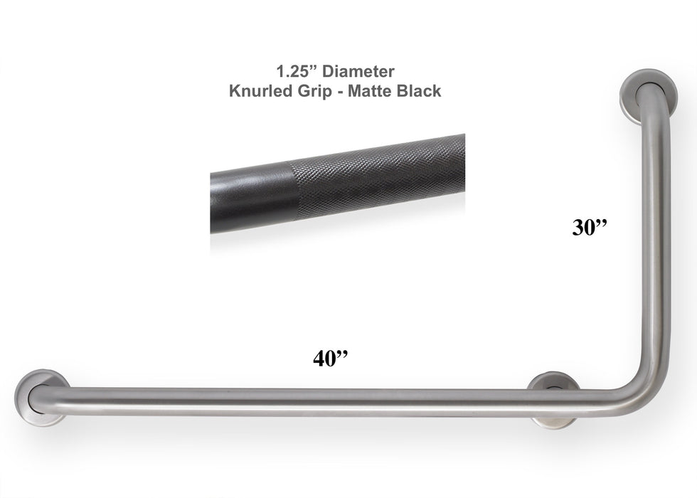 L-shape grab bar 40" x 30" for OBC and building code - with knurled grip in matte black finish