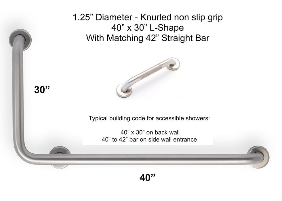 L-shape grab bar 40" x 30" for OBC and building code - with knurled grip and a matching 42" straight grab bar
