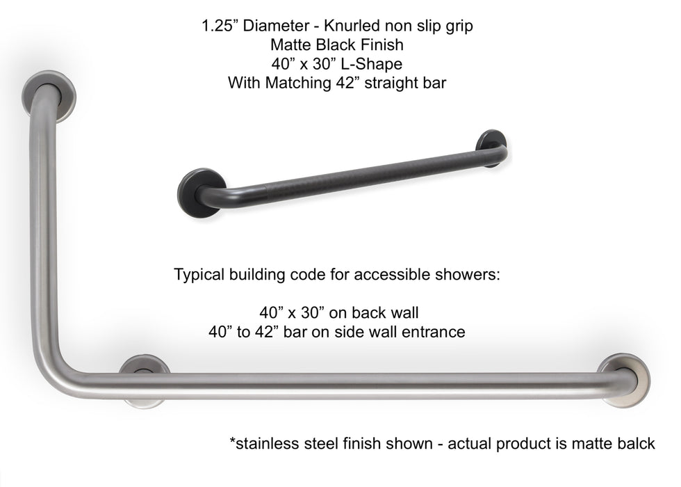 Matte Black L-shape grab bar 40" x 30" for OBC and building code - with knurled grip and a matching 42" straight grab bar