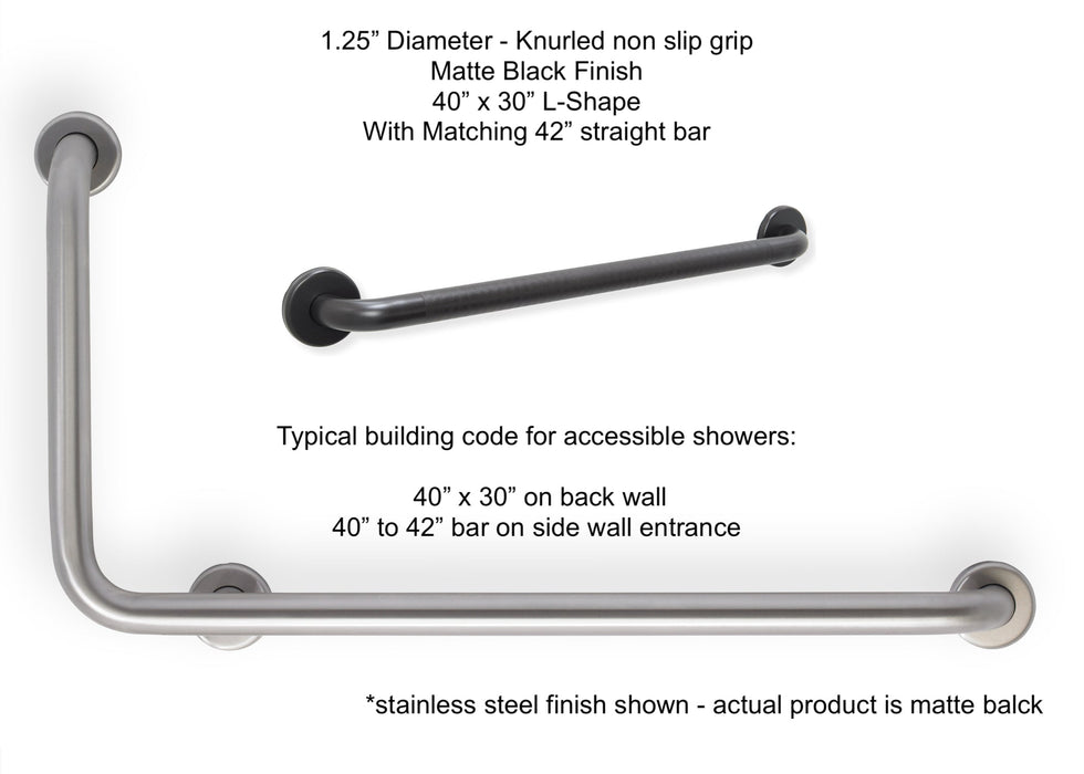 Matte Black L-shape grab bar 40" x 30" for OBC and building code - with knurled grip and a matching 42" straight grab bar