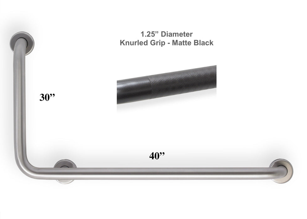 Matte Black L-shape grab bar 40" x 30" for OBC and building code - with knurled grip