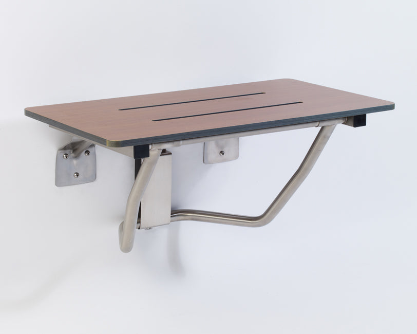 Folding shower seat rectangle woodgrain phenolic top ADA folding shower seat