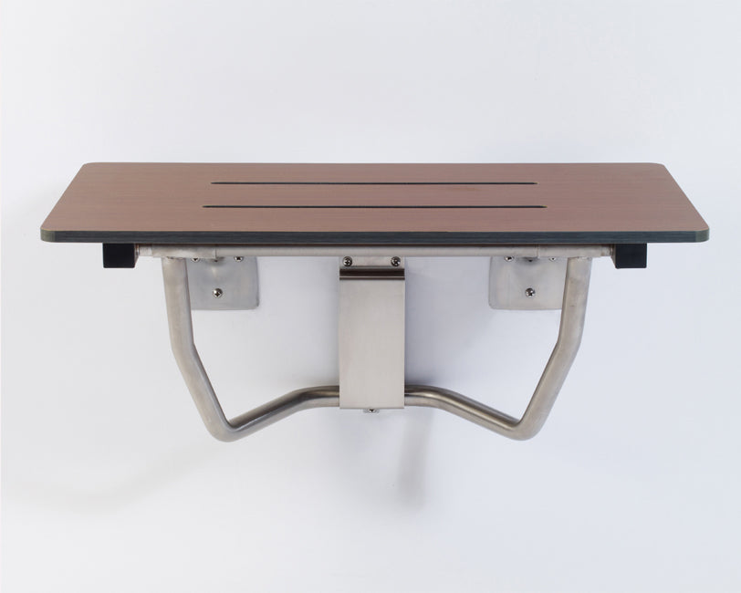 Folding shower seat rectangle woodgrain phenolic top ADA folding shower seat