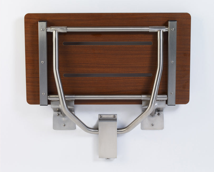 Folding shower seat rectangle woodgrain phenolic top ADA folding shower seat