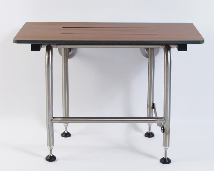 Folding shower seat rectangle woodgrain phenolic top ADA folding shower seat with legs