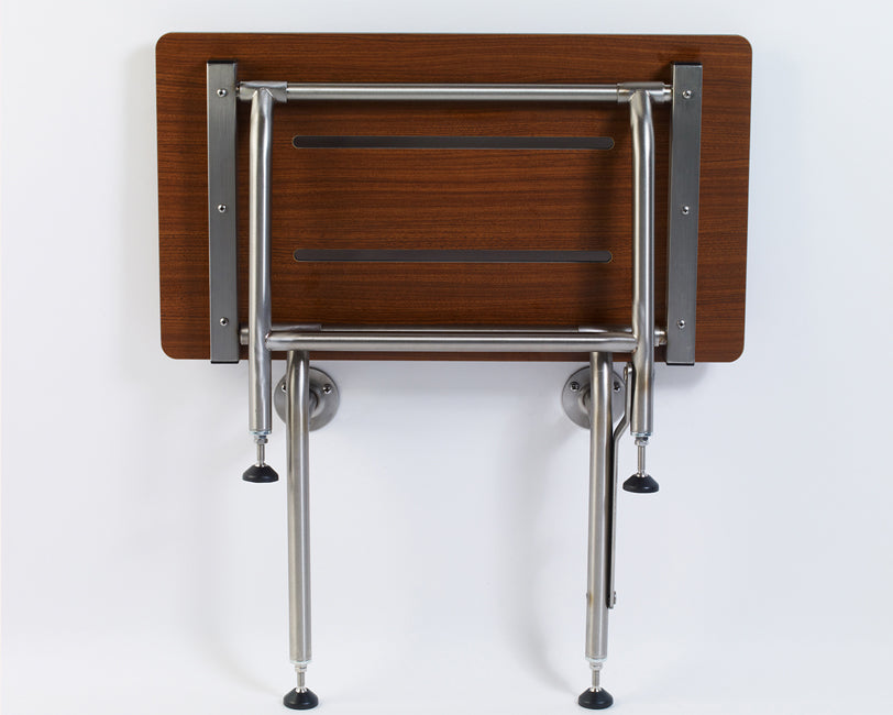 Folding shower seat rectangle woodgrain phenolic top ADA folding shower seat with legs