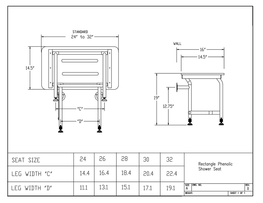Folding shower seat rectangle woodgrain phenolic top ADA folding shower seat with legs drawing