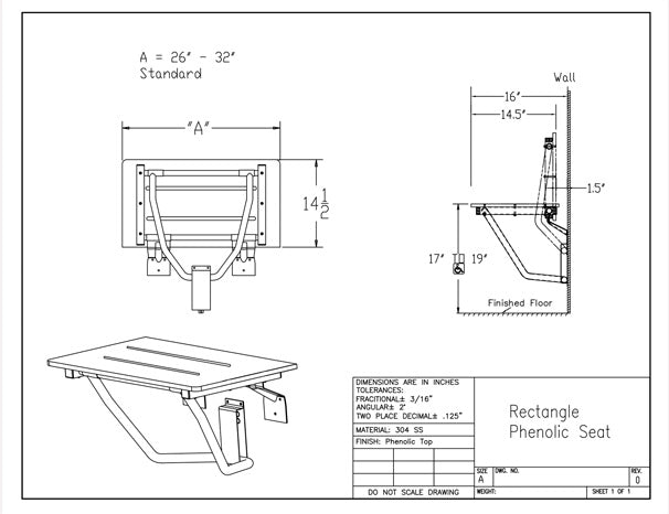 Folding shower seat rectangle woodgrain phenolic top ADA folding shower seat drawing