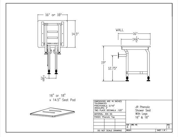 16" and 18" white phenolic folding shower seat ada shower seat with legs drawing