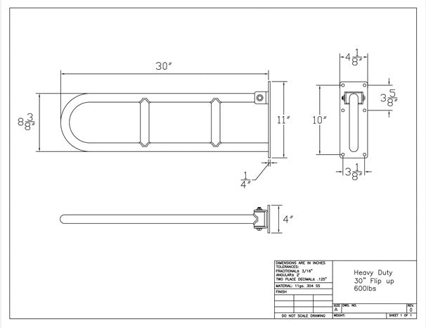 heavy duty flip up grab bar folding grab bar bariatric use stainless steel 98-2230P series  drawing
