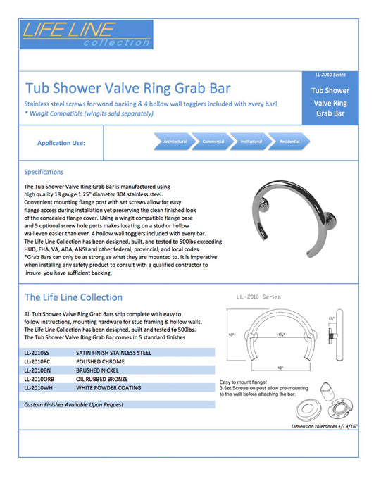 Lifeline grab bars 2 in 1 grab bar shower valve ring spec sheet