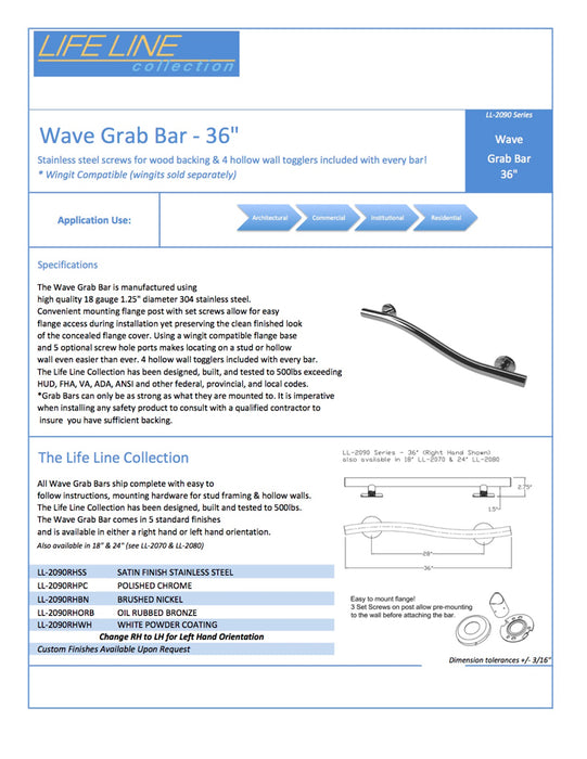 Lifeline 2 in 1 combination grab bar 36" wave grab bar spec sheet