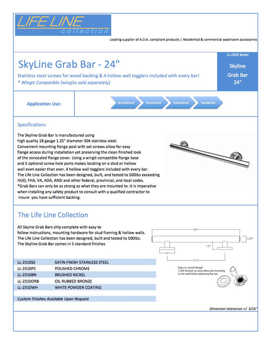 Lifeline 2 in 1 combination grab bar 24" skyline grab bar spec sheet