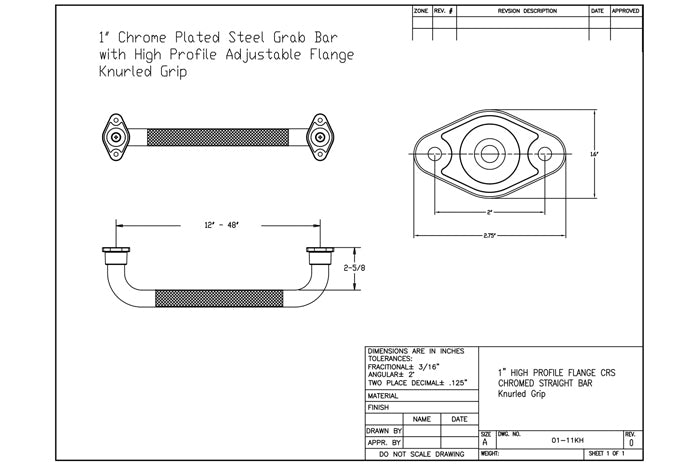 GBC 203 - 1" Diameter Chrome High Profile, Knurled Grip Grab Bar