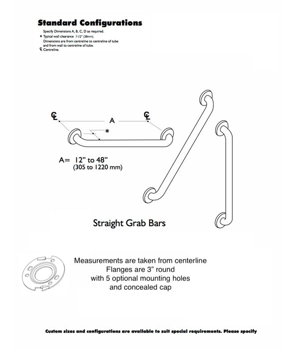 GBC 100 - 1.25" Diameter Smooth Stainless Steel Grab Bar