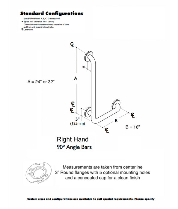 GBC 302 - 1.25" Diameter 90 Deg Right Hand 32" x 16" Angle Grab Bar