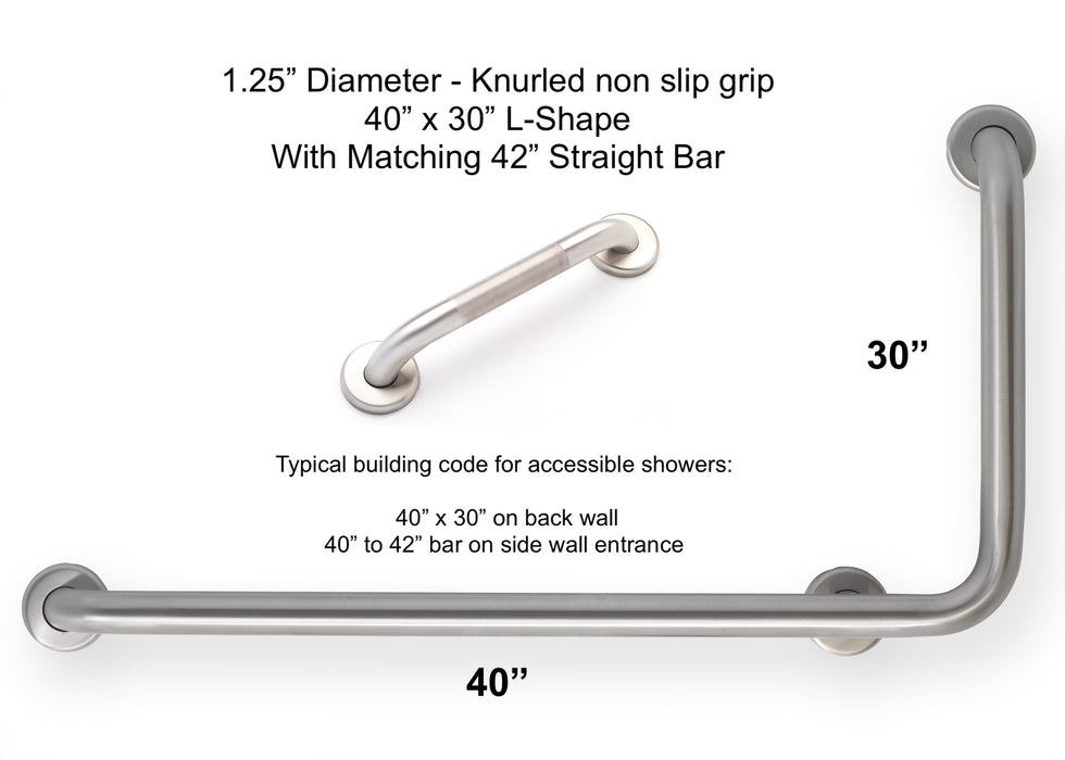 L-shape grab bar 40" x 30" for OBC and building code - with knurled grip and a matching 42" straight grab bar