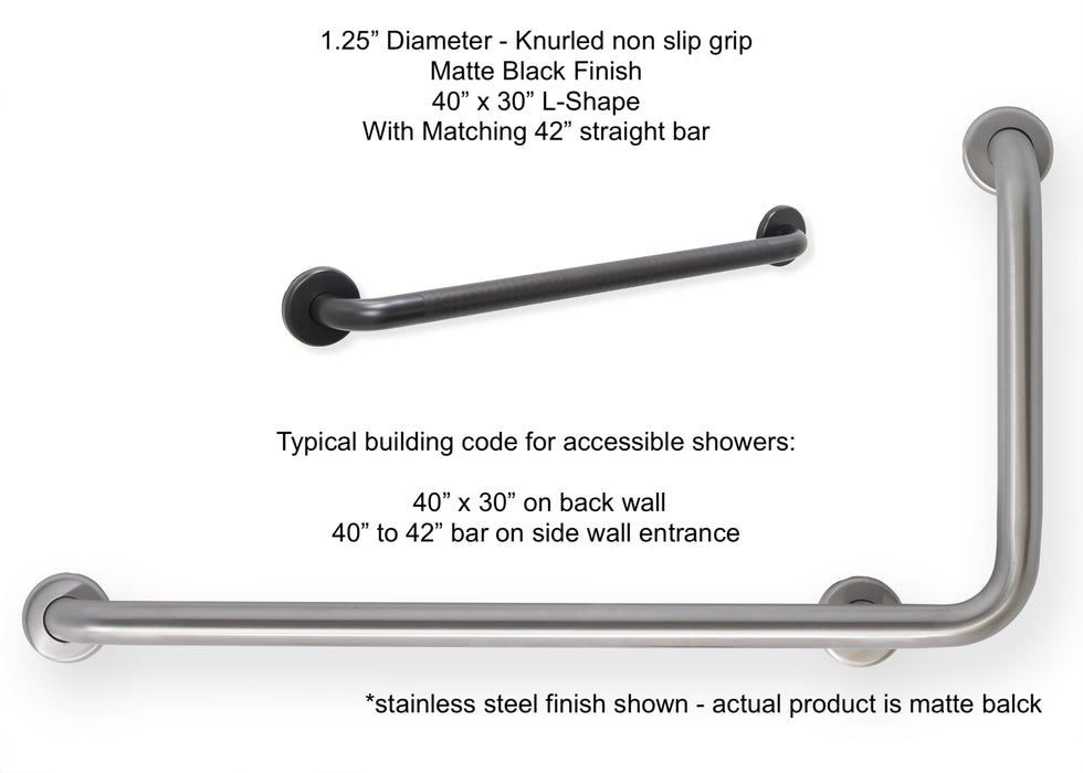 Matte Black L-shape grab bar 40" x 30" for OBC and building code - with knurled grip and a matching 42" straight grab bar