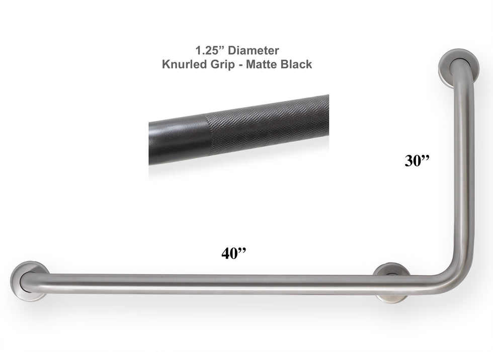 L-shape grab bar 40" x 30" for OBC and building code - with knurled grip in matte black finish 