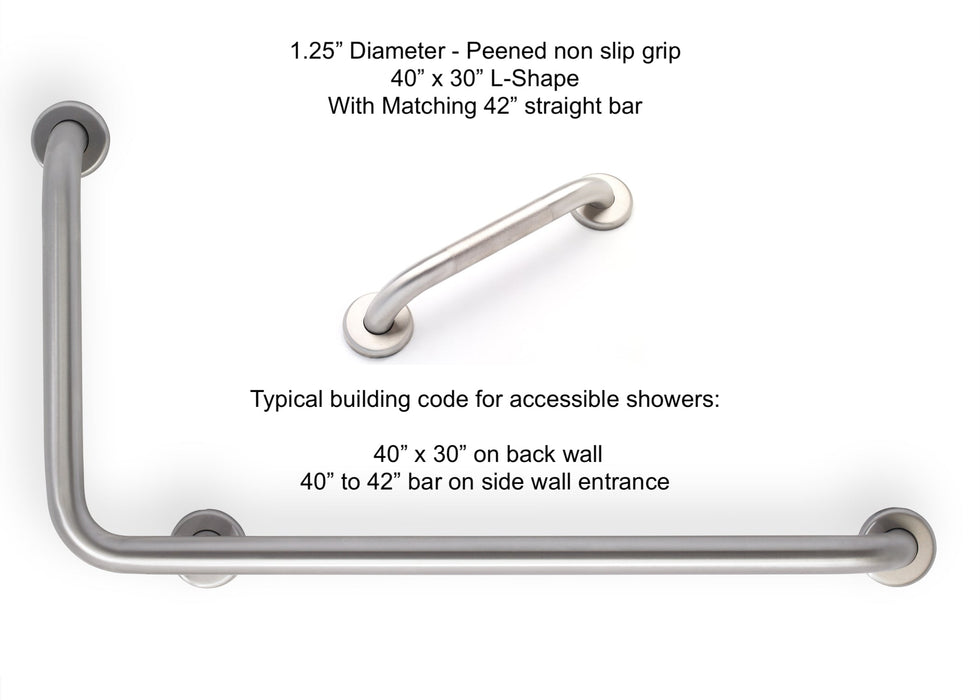 L-shape grab bar 40" x 30" for OBC and building code - with peened grip and a matching 42" straight grab bar