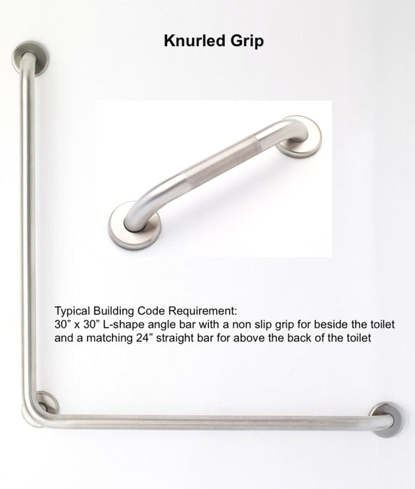 L-shape grab bar 30" x 30" for OBC and building code - with knurled grip and a matching 24" straight grab bar