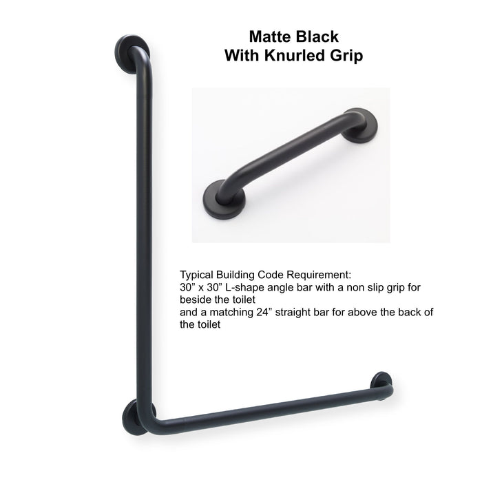 matte black L-shape grab bar 30" x 30" for OBC and building code with knurled grip and a matching 24" straight grab bar