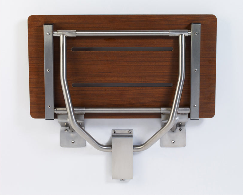 Folding shower seat rectangle woodgrain phenolic top ADA folding shower seat 