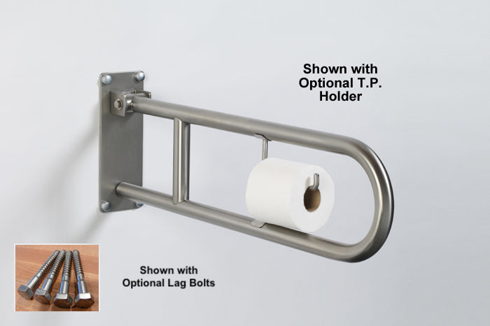 friction hinge folding grab bar flip up safety rail 1.5" diameter with friction hinge all stainless steel  with toilet paper holder and stainless steel lag bolts 