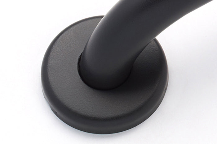 stainless steel grab bar with oil rubbed bronze finish  close up of flange 