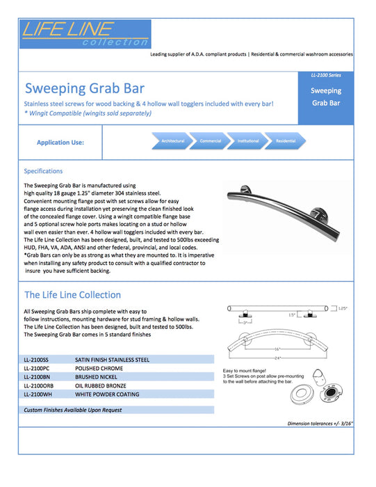 Lifeline 2 in 1 combination grab bar sweeping grab bar spec sheet