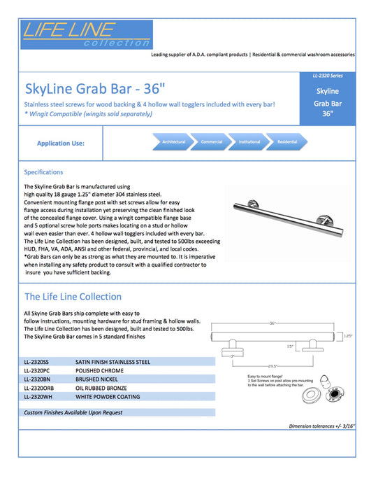 Lifeline 2 in 1 combination grab bar 36" skyline grab bar spec sheet